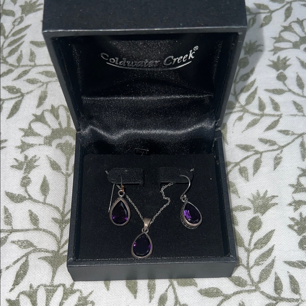 Coldwater Creek Sterling Silver Amethyst Teardrop Earrings and Necklace Set